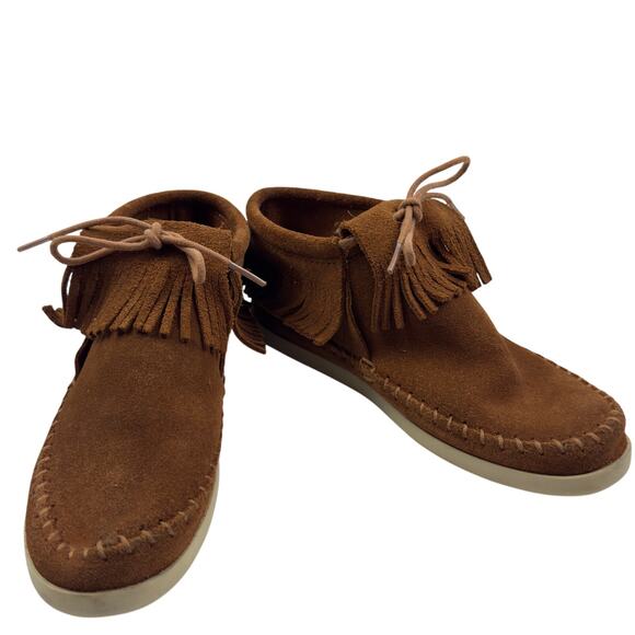 Minnetonka Venice Brown Fringe Boho Southwestern Moccasin Boots Women's Size 7 - Picture 1 of 9